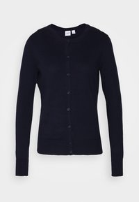 Mörkblå cardigan i mjukt stickat material, med rund halsringning, långa ärmar och knäppning fram.