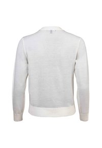 Maglione bianco lavorato a maglia con maniche lunghe, colletto rotondo e orlo a coste. Tessuto leggero, design semplice e minimalista. Adatto per essere indossato a strati.