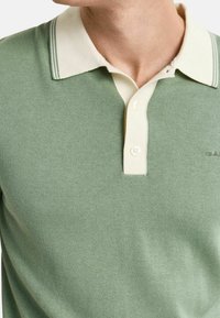 Polo vert avec un col crème et une patte à deux boutons. Tissu tricoté avec une texture lisse. Détails rayés sur le col.