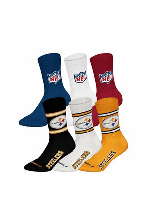 Sechs NFL-Socken in Blau, Weiß und Rot mit NFL-Logos sowie schwarz, weiß und gelb mit Pittsburgh Steelers-Logos und Text.