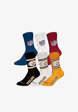 Sechs NFL-Socken in Blau, Weiß und Rot mit NFL-Logos sowie schwarz, weiß und gelb mit Pittsburgh Steelers-Logos und Text.