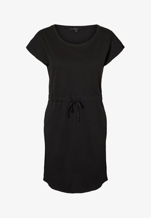 Černé šaty z měkké látky, volného střihu, s krátkými rukávy a stahovací pasem pro nastavitelnost tvaru. Jednoduchý, čistý design.