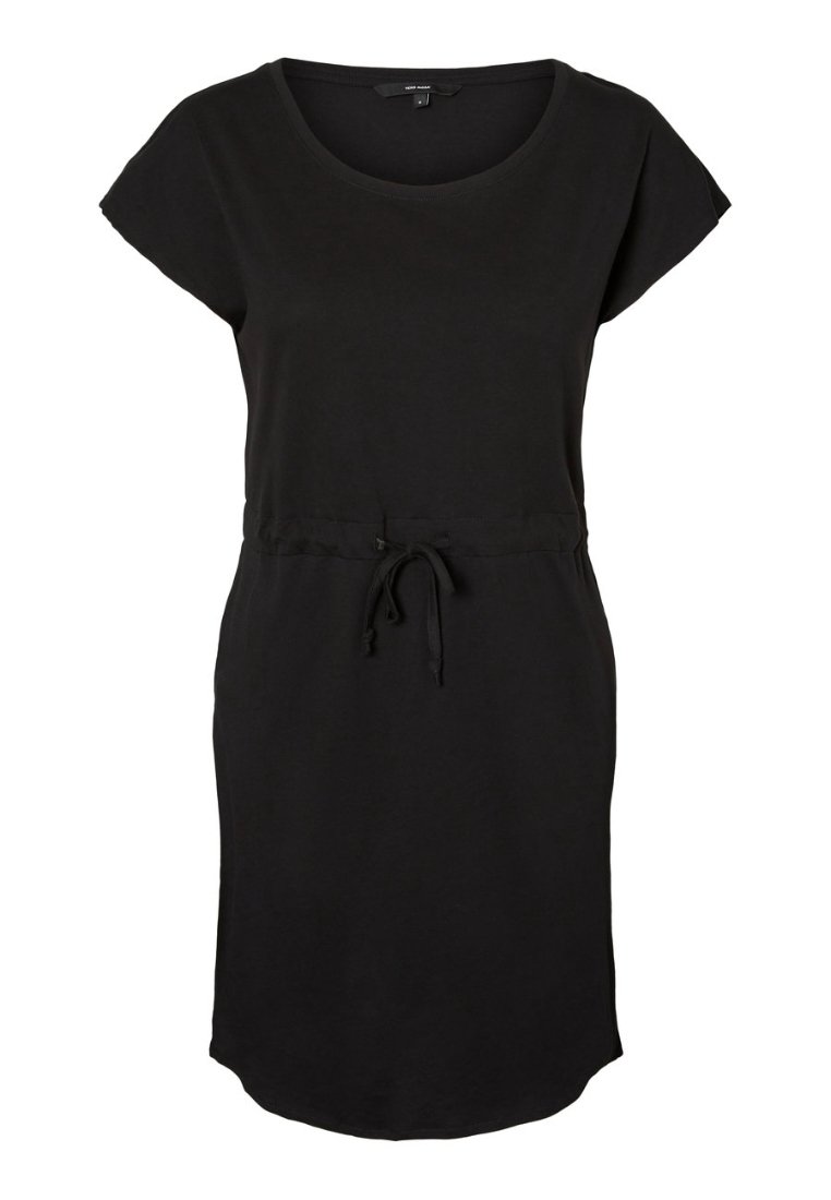 Černé šaty z měkké látky, volného střihu, s krátkými rukávy a stahovací pasem pro nastavitelnost tvaru. Jednoduchý, čistý design.