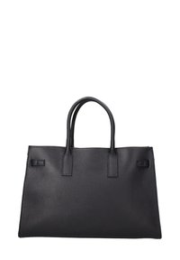 Zwarte leren schoudertas met een gestructureerde afwerking, dubbele handvatten aan de bovenkant, rechthoekige vorm en minimalistisch ontwerp. Geen zichtbare hardware of accenten.