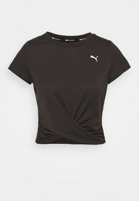 Camiseta negra corta con mangas cortas, que presenta un diseño con el frente retorcido y un logo de Puma blanco en el lado izquierdo del pecho. Fabricada con una tela suave.