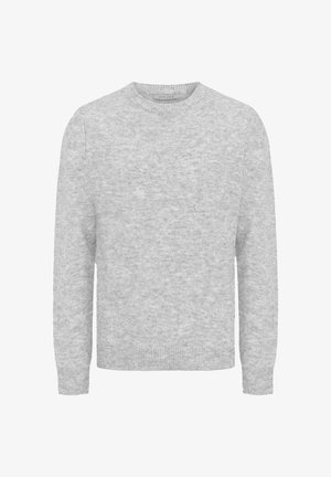 Maglione grigio chiaro con collo rotondo a costine e maniche lunghe. Realizzato in un morbido materiale a maglia con una finitura testurizzata. Senza motivi o dettagli.