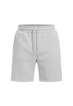 Shorts en mélange de coton gris avec une taille élastique, un cordon de serrage et des poches latérales. Texture lisse avec un design simple.