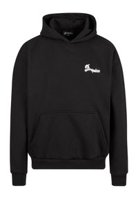 Sweatshirt à capuche noire en polaire. Dispose d'une poche avant, de poignets côtelés et d'un logo brodé blanc sur la poitrine.