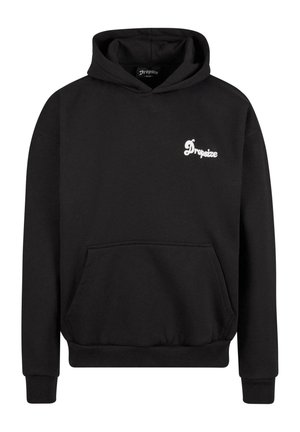Sweatshirt à capuche noire en polaire. Dispose d'une poche avant, de poignets côtelés et d'un logo brodé blanc sur la poitrine.