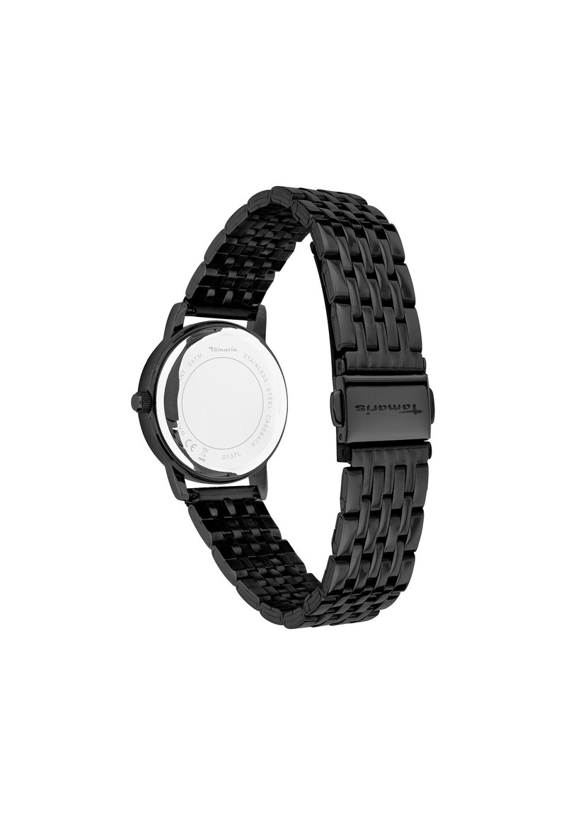 Montre en acier inoxydable noir avec un bracelet tissé, un boîtier rond et un dos gravé. Présente un fermoir sécurisé pour maintenir au poignet.