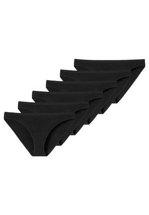 Culottes en coton noir vendues par pack de six. Chacune a une finition lisse et une ceinture élastique douce, présentant une coupe classique de bikini taille basse.