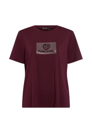 Burgundy short-sleeve t-shirt with round neckline and a rectangular studded logo patch reading "Marc Aurel" on the chest.