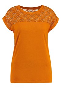 Oranges Kurzarmoberteil mit Spitzenbesatz und geometrischem Wellenmuster sowie Rundhalsausschnitt.