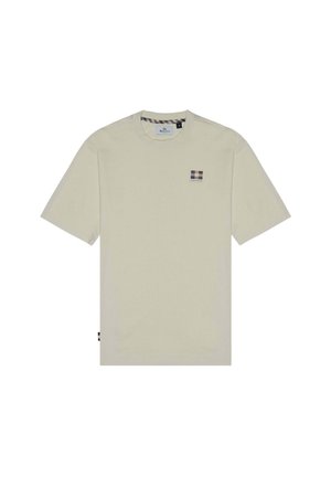 T-shirt corto beige chiaro a maniche corte realizzato in cotone. Presenta un piccolo logo a blocchi multicolore sul petto e un'etichetta sul lato.