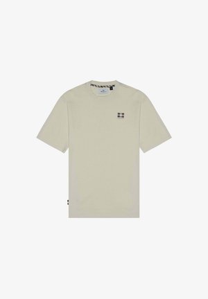 T-shirt corto beige chiaro a maniche corte realizzato in cotone. Presenta un piccolo logo a blocchi multicolore sul petto e un'etichetta sul lato.