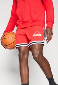Punased korvpallishortsid mustade ja valgete triipudega, millel on valge "BULLS" logo. Seljas on sobiv punane kapuutsiga kampsun ja käes on korvpall.