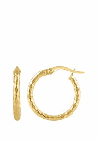 Zlaté kruhové náušnice so štruktúrovaným, kladivkovým povrchom a bezpečným zapínaním. Kruhový dizajn s výraznou hrúbkou.