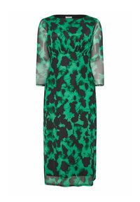Vihreä ja musta kukkakuviollinen mekko, jossa on kolme neljäsosaa hihat, pyöreä pääntie ja valuva, kevyt kangas.