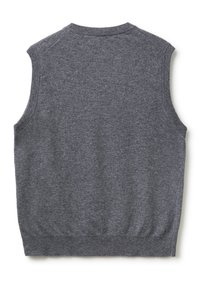 Szary bezrękawnik, materiał dzianinowy, ribbrowany dekolt i dolny brzeg, gładka tekstura, minimalistyczny design, podstawowy kształt bez ozdób.