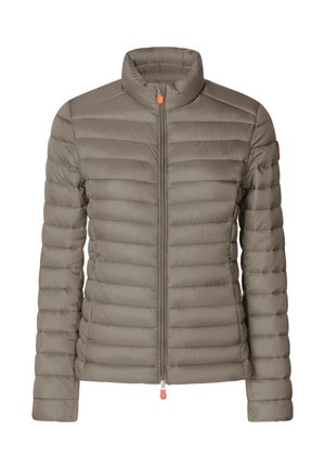 Lichtbruine gewatteerde donsjas met lange mouwen, hoge kraag en ritssluiting aan de voorkant met oranje trekkoorden.