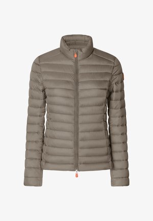 Lichtbruine gewatteerde donsjas met lange mouwen, hoge kraag en ritssluiting aan de voorkant met oranje trekkoorden.