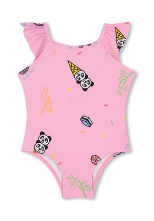 Maillot de bain rose pour enfant avec des visages de panda portant des cornets de glace, des illustrations de bambou et des vermicelles colorés, avec des bretelles à volants.