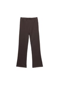 Bruine, uitlopende leggings gemaakt van zachte, elastische stof met een elastische tailleband. Geen zichtbare patronen of hardware details.