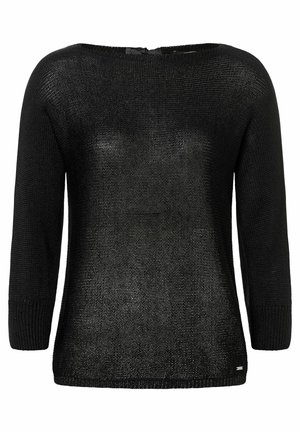 Schwarzer, gestrickter Pullover mit lockerer Passform, Schiffs-Ausschnitt und Dreiviertelärmel. Verfügt über ein strukturiertes Muster und seitliche Saumdetails.