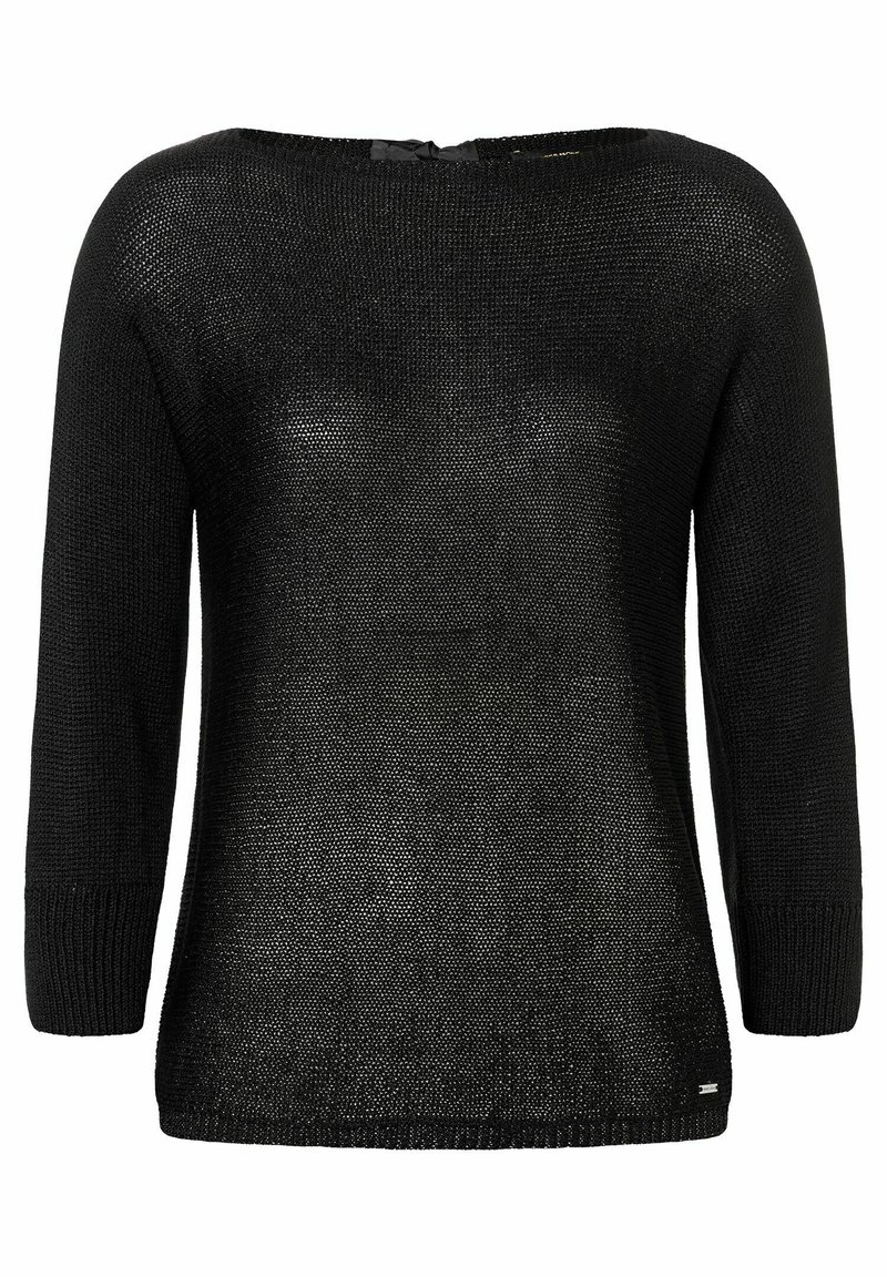 Schwarzer, gestrickter Pullover mit lockerer Passform, Schiffs-Ausschnitt und Dreiviertelärmel. Verfügt über ein strukturiertes Muster und seitliche Saumdetails.