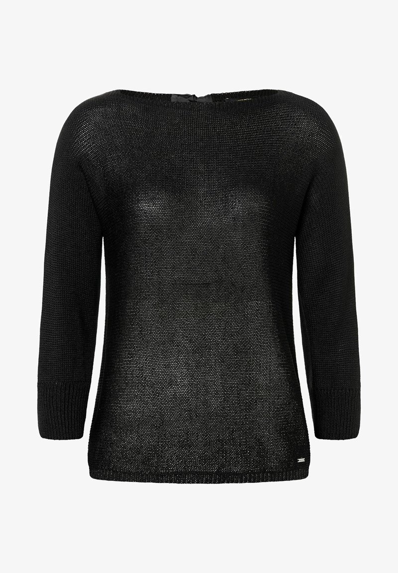 Schwarzer, gestrickter Pullover mit lockerer Passform, Schiffs-Ausschnitt und Dreiviertelärmel. Verfügt über ein strukturiertes Muster und seitliche Saumdetails.