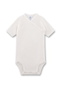 Weißes Kurzarm-Body aus weichem Baumwollmaterial. Wickeldesign mit Druckverschluss am Boden und am Hals für einfaches Ankleiden.