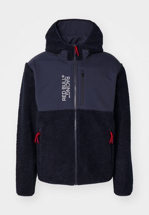 Navy fleece jacket with a soft texture, red accents, full zip, and logo print. Features a hood and two zippered side pockets.