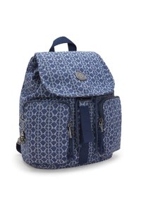 Blue fabric backpack with a geometric pattern, flap closure, two zippered front pockets, reinforced straps, and decorative hardware accents.