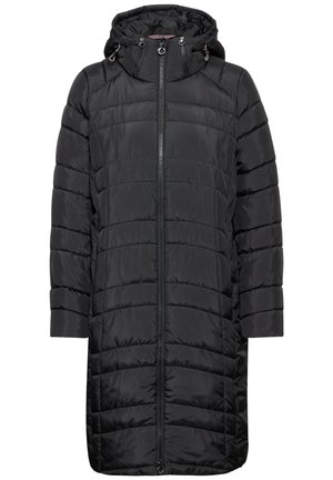 Sort pufferjakke med hætte, med en frontlynlås, vandret quiltet mønster og knælængde. Mat, glat tekstur.