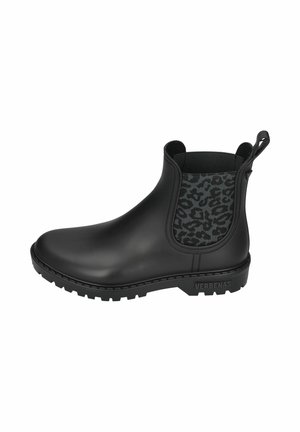 Bottines Chelsea noires en caoutchouc avec un panneau latéral élastique texturé imitant un motif léopard noir et une languette pour un enfilage facile. Semelle épaisse pour une bonne adhérence.