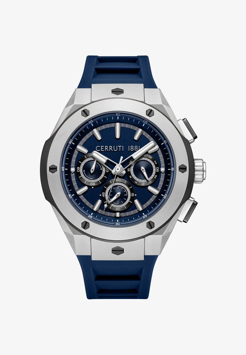 Cerruti 1881 chronografo laikrodis turi nerūdijančio plieno korpusą, mėlyną silikono dirželį, tamsiai mėlyną ciferblatą, sidabrinius akcentus ir tris sub-ciferblatus.