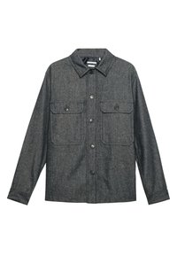 Szara wełniana flanelowa kurtka koszulowa z zapięciem na guziki z przodu, dwiema kieszeniami na piersiach, z ostrym kołnierzem i długimi rękawami. Teksturalna powierzchnia z czarnymi guzikami.
