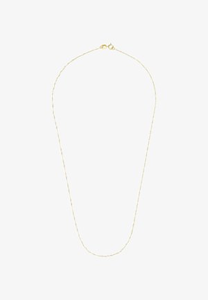 Goldfarbene Halskette mit einem zarten, gedrehten Kettendesign. Verfügt über einen Karabinerverschluss und eine glatte, polierte Oberfläche.