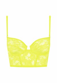 Neon yellow lace bralette with underwire, floral pattern, adjustable straps, and a cropped silhouette. Features scalloped edges and a hook closure.
