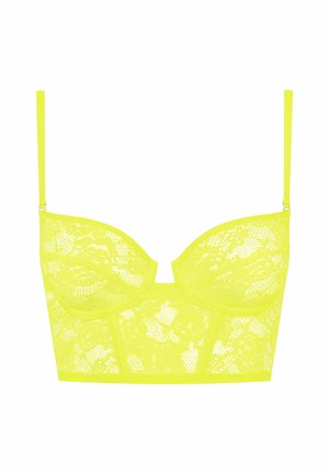 Neon-gelbes Spitzen-Bralette mit Unterdraht, Blumenmuster, verstellbaren Trägern und einer cropped Silhouette. Verfügt über gewellte Kanten und einen Hakenverschluss.