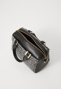 Black and gray patterned handbag with a structured design, leather accents, gold zipper closure, and dual top handles. Textured surface.
