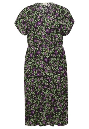 Schwarzes Midikleid mit kurzen Ärmeln, lila Blumenmuster, grünen Blättern, Knopfleiste vorne und tailliert.