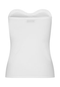 Haut blanc sans bretelles en tissu lisse et léger. Présente un décolleté légèrement ondulé et une silhouette ajustée.