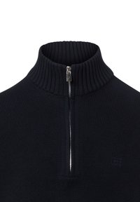 Marineblauer Reißverschluss-Pullover mit hohem, geripptem Kragen, Strickstruktur und kleinem Logo auf der Brust, mit silbernem Reißverschluss.