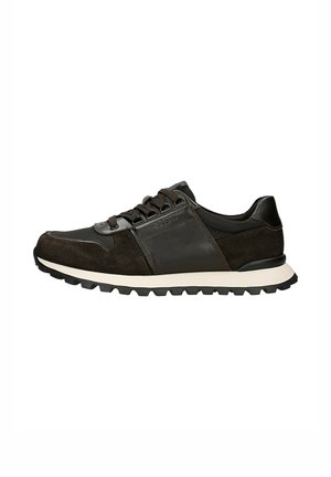 Schwarzer und brauner Freizeit-Sneaker mit Obermaterial aus gemischtem Leder und Velours, Schnürverschluss und weißer gepolsterter Sohle mit schwarzer Profilsohle.