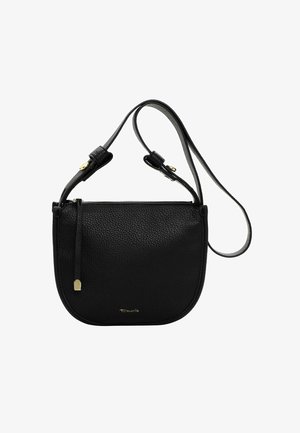 Zwarte, gestructureerde lederen schoudertas met een verstelbare strap, gouden ritsen, en een klein gouden merklogo op de onderkant van de voorkant.