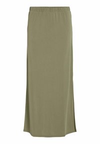 Falda larga de color verde oliva, hecha de una tela suave y elástica, con una cintura elástica y detalles en las costuras; textura lisa y corte recto.