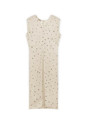 Robe midi beige sans manches avec col en V et petits pois noirs et dorés dispersés, avec une fente centrale à l'avant.