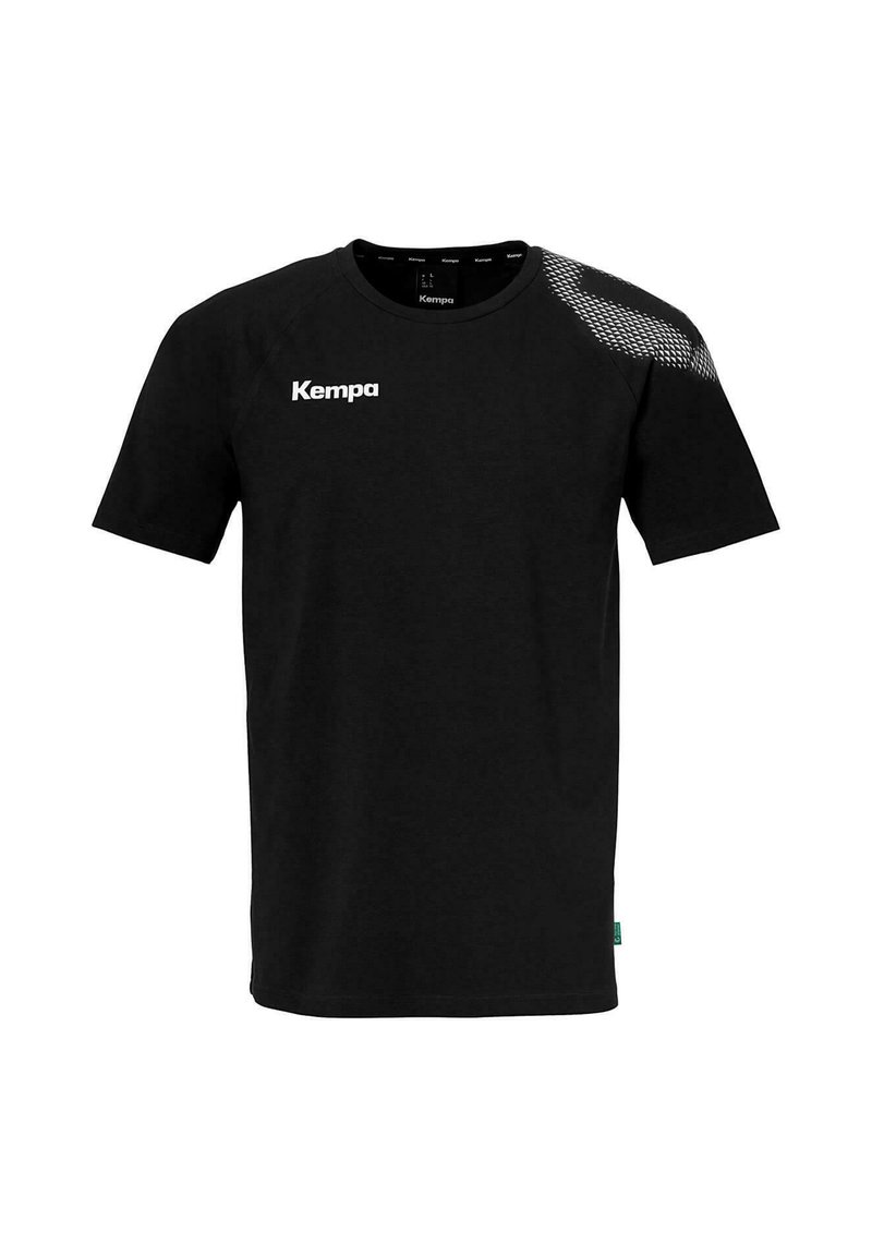 Zwarte t-shirt met korte mouwen van katoen. Bevat een wit "Kempa" logo aan de voorkant en een textuurpatroon op de schouder.
