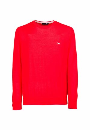 Red long-sleeve sweater featuring a round neckline and a small white logo. The material is lightweight with a smooth texture.
